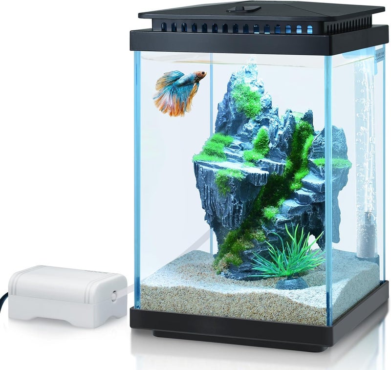 FEDOUR Small Glass Aquarium, 1 Gallon Desktop Fish Tank, Betta Fish Tank, Mini Aquarium Starter Kit with Air Pump LED Light Decoration Water Changer Fish Net (Black) - Image 1